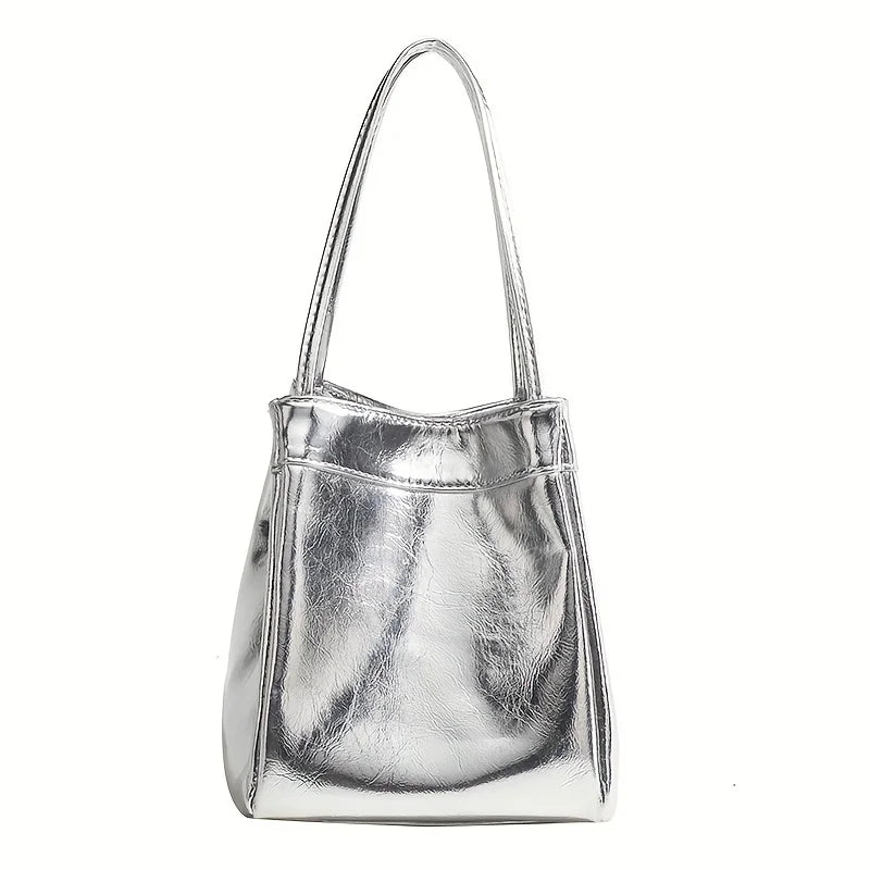 Sparkling Silver Glittery Mini Drawstring Bucket Bag – PU Crossbody Handbag with Wallet for Women