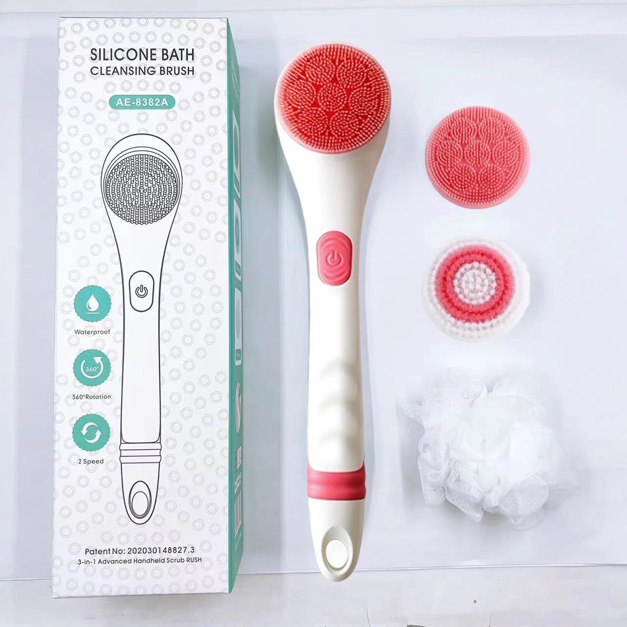 Electric Bath Brush with Long Handle – IPX6 Waterproof, 4 Replaceable Heads, Body Scrubber & Massager