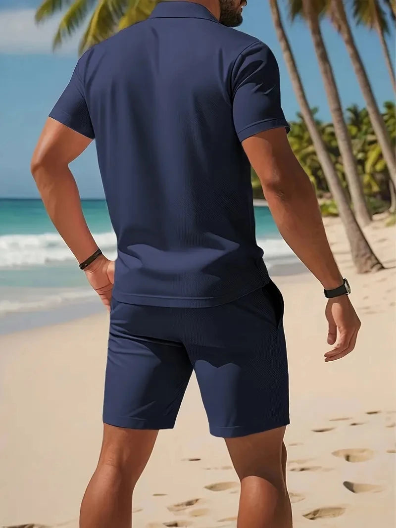 Men's Button-Down Polo Shirt & Breathable Mesh Shorts Set – Casual Versatile Summer Plus Size
