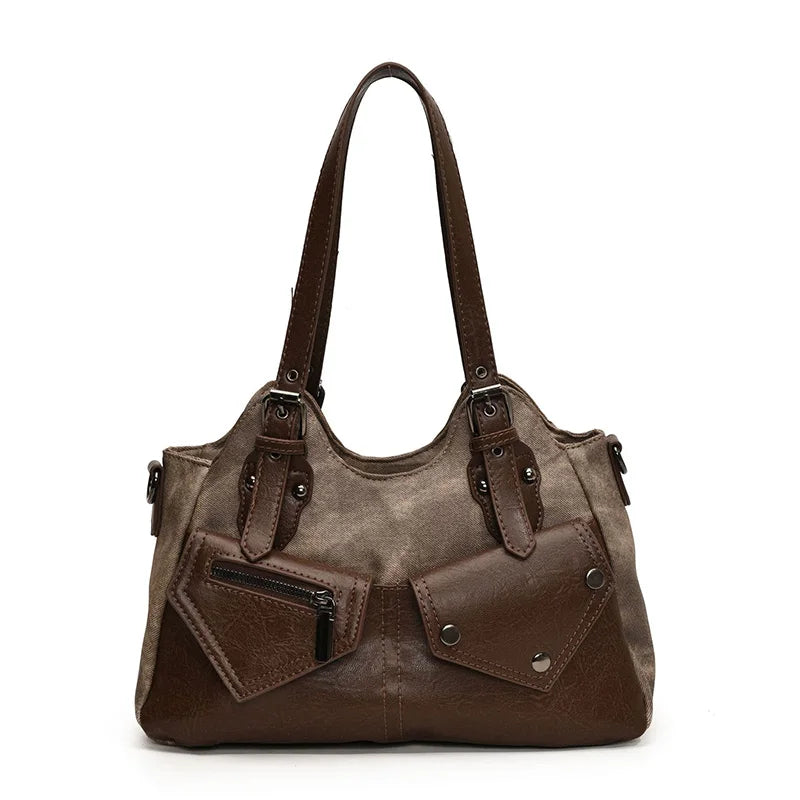 Retro Color-Block Satchel Shoulder Bag – European Style PU Leather Tote Handbag for Women