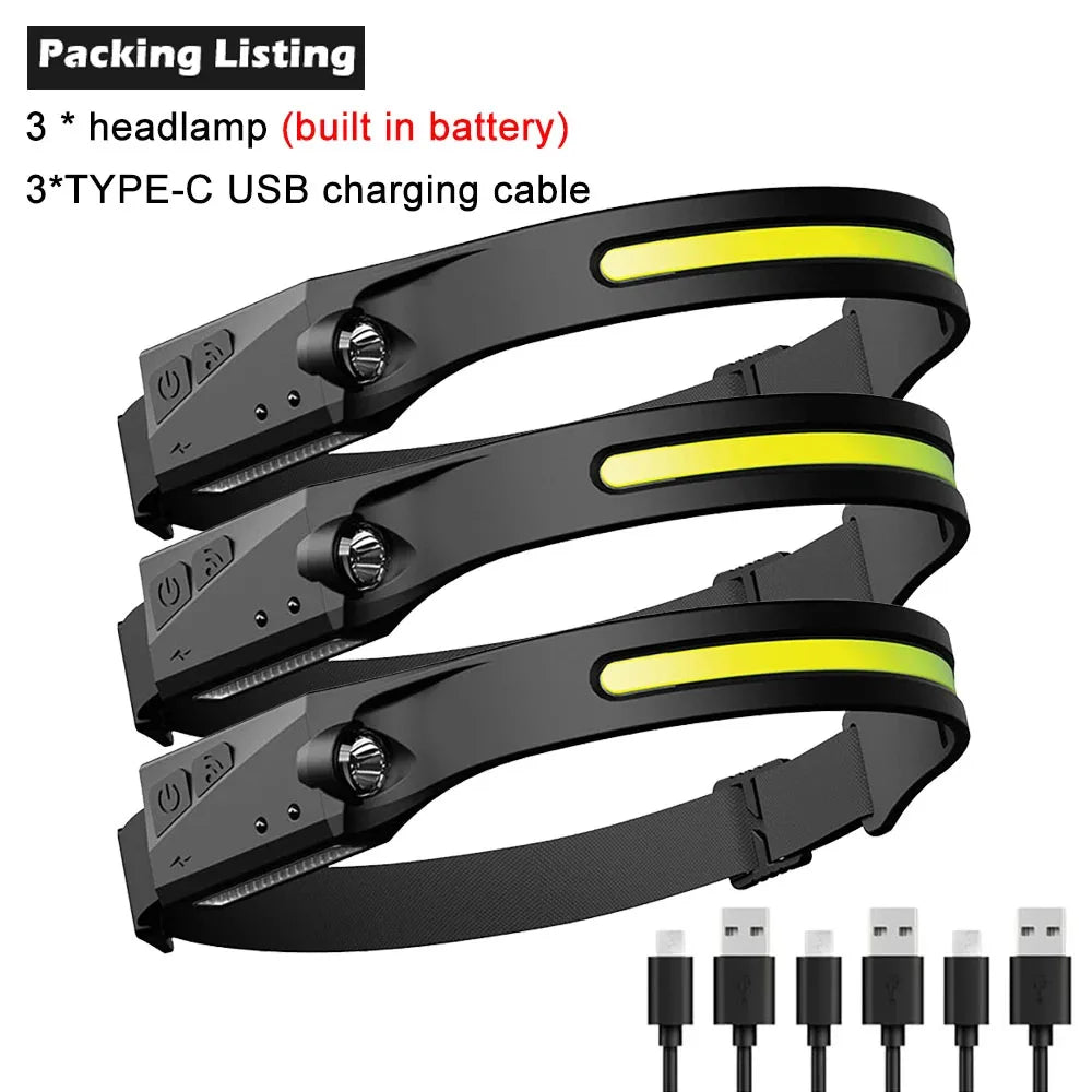 LED Motion Sensor Headlamp – USB Rechargeable, 6 Modes, 230° Wide Beam, IPX4 Waterproof Camping Headlight