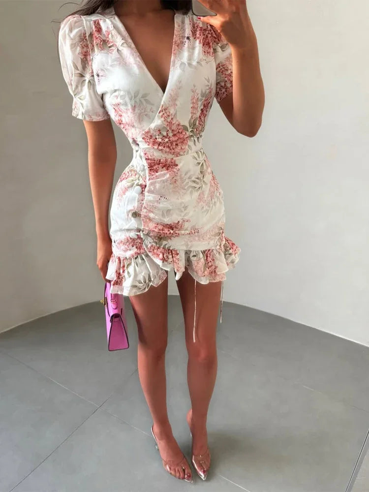 Women's Floral Ruffle Slim Dress – Deep V-Neck Double Layered Ruffled Hem Party & Daily Gown