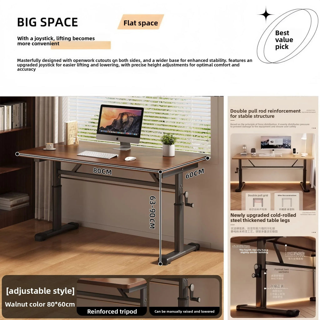 Manual Crank Height-Adjustable Computer Desk — Ergonomic Study Table, 65–95cm, Multiple Finishes