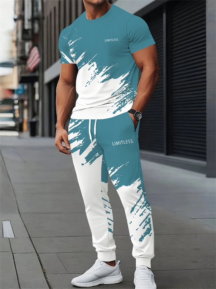 Men's Letter Print Round Neck Short Sleeve & Drawstring Long Pants Plus Size 2-Piece Outfit