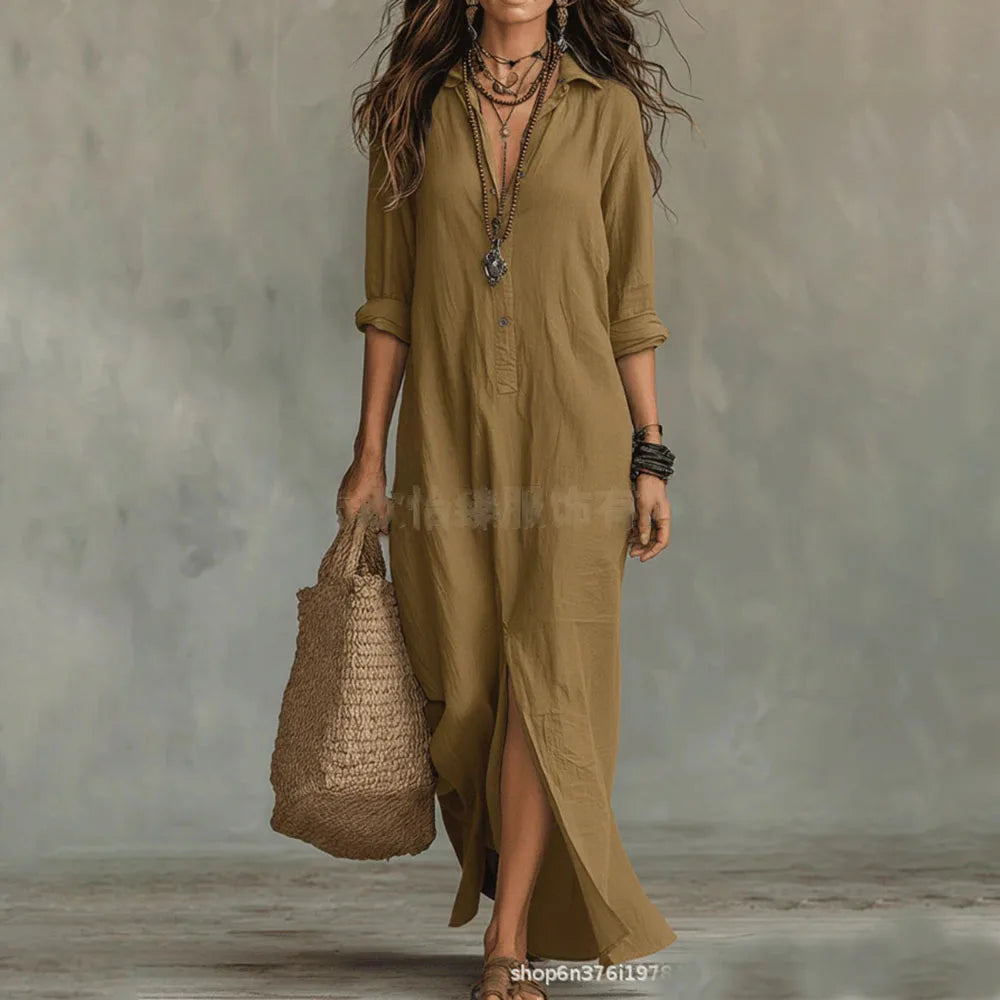 Women's Casual Long Sleeve Loose Maxi Dress – Solid Color Turn-Down Collar Beach & Elegant Dress