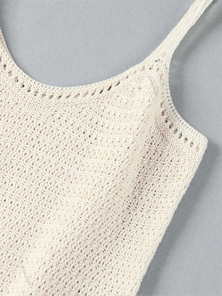 Crochet Halter V-Neck Beach Mini Dress — Ruffle Knit Swimsuit Cover-Up