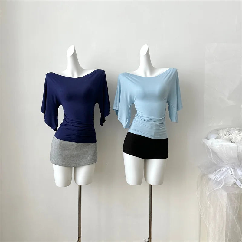 Women's Slash Neck Flare Sleeve Slim Pleated T-Shirt – Sexy Solid Color Pullover Top