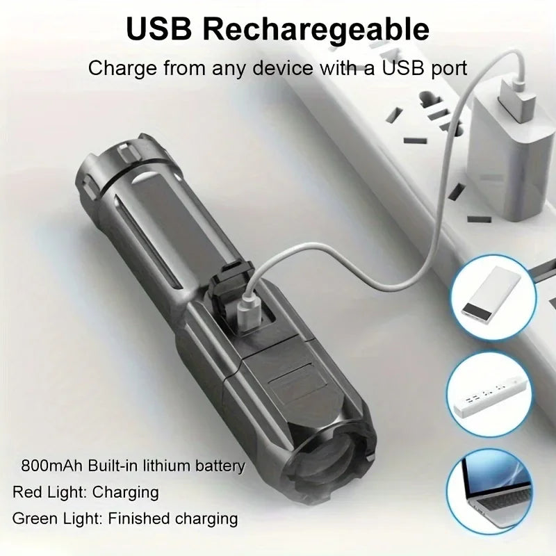 FT15 XPE LED Flashlight – USB Rechargeable, Zoomable, 100m Beam for Fishing, Hunting & Camping