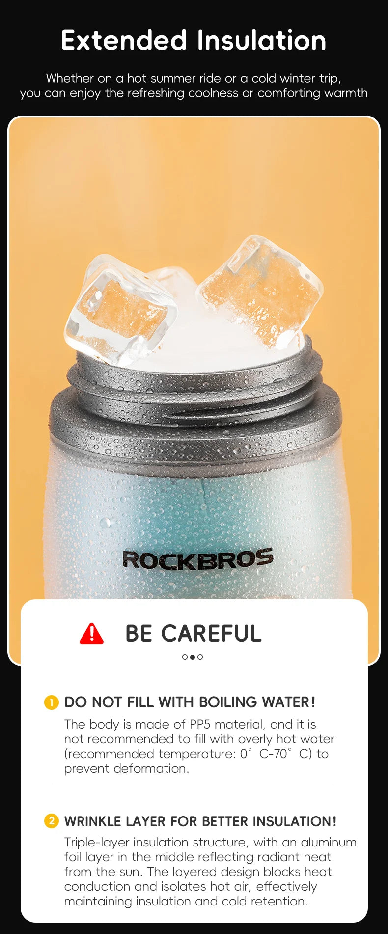 ROCKBROS 620ml Insulated Cycling Water Bottle – Thermal Triple-Layer Squeeze Bike Bottle with Silicone Nozzle