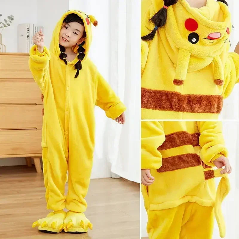 Kids' Pokémon Pikachu Warm Flannel Onesie Pajamas | Hooded Animal Cosplay Sleepwear