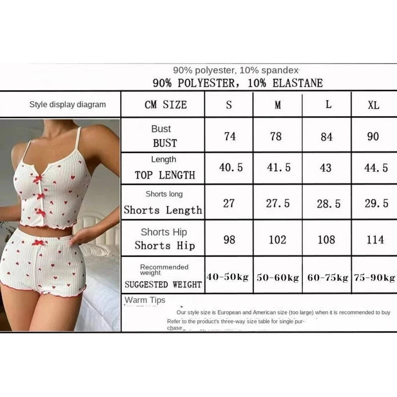 Women's Heart Print Frill Trim Cami Top & Shorts Loungewear | Soft Ribbed Pajama Set