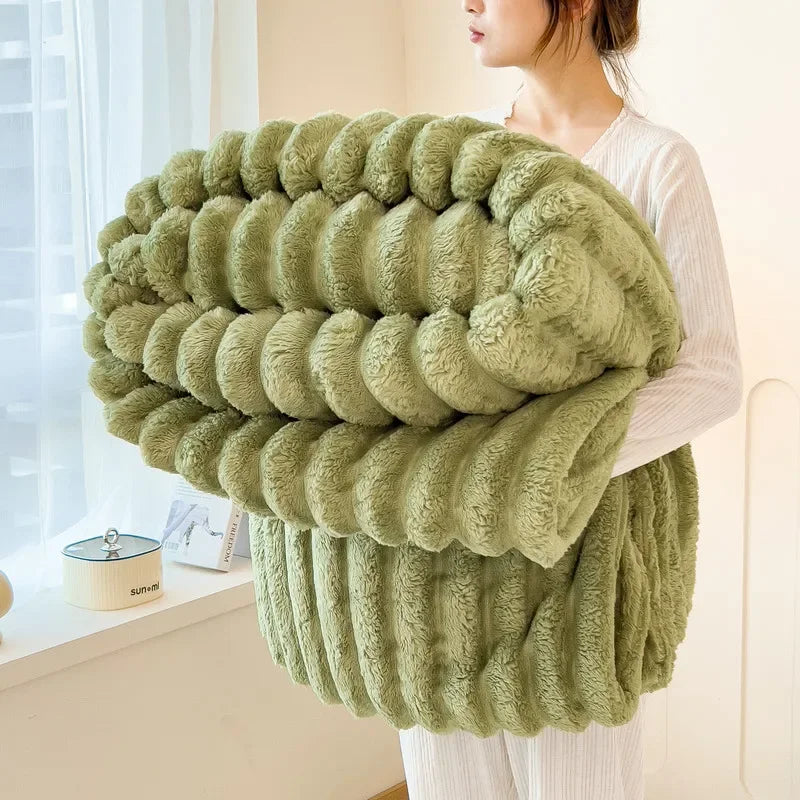 Striped Plush Blanket – Soft Faux Rabbit Fur Throw
