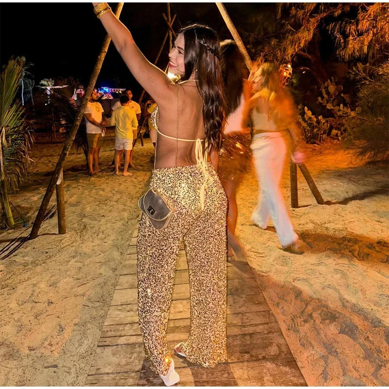 Sexy Sequin Bikini Pants 2-Piece Set | Off-Shoulder Halter, Sleeveless, Holiday Beach Outfit, S-L