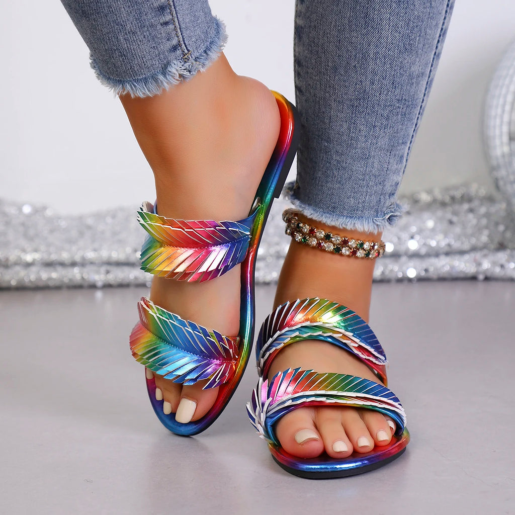 Women's Iridescent Gradient Flat Sandals – Versatile Beach Shoes