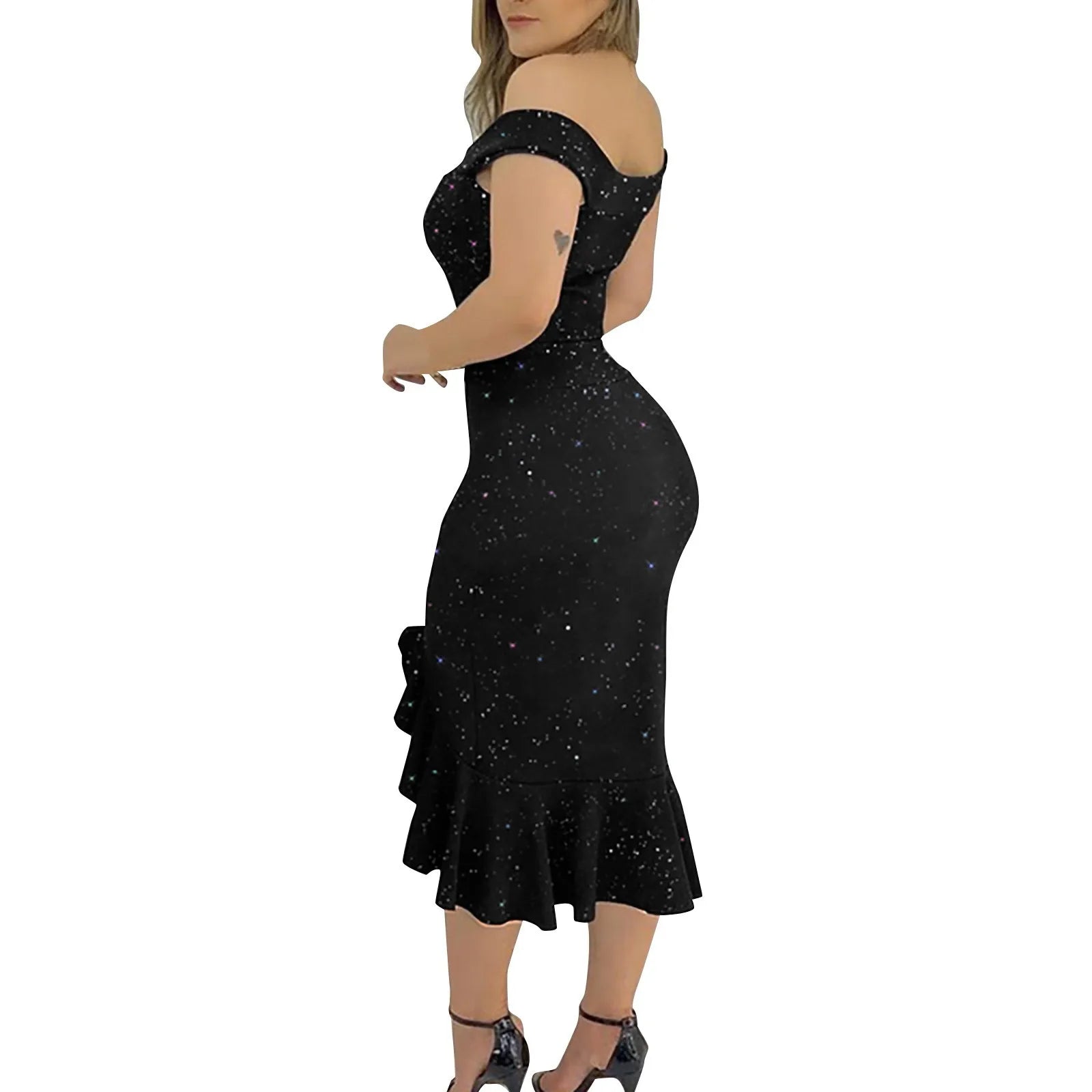 Off Shoulder Sequin Ruffle Irregular Evening Dress — Masquerade Party Dress