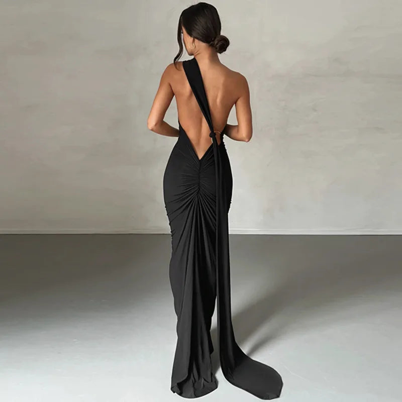 Backless Ruched Slim Bodycon Maxi Dress — Elegant Formal Wedding Guest Evening Dress
