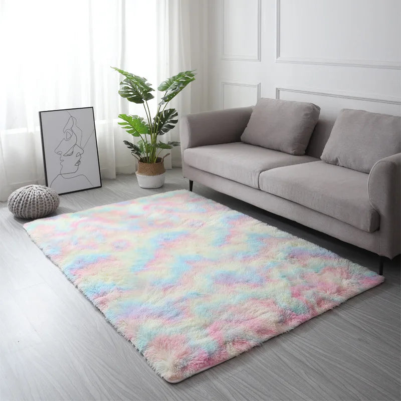 VIKAMA Tie-Dye Plush Carpet — Soft Fluffy Non-Slip Area Rug for Living Room, Kids Room & Baby Crawling