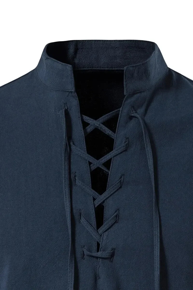 Men's Cotton Linen Drawstring Long Sleeve Shirt — Vintage Casual US Size Top