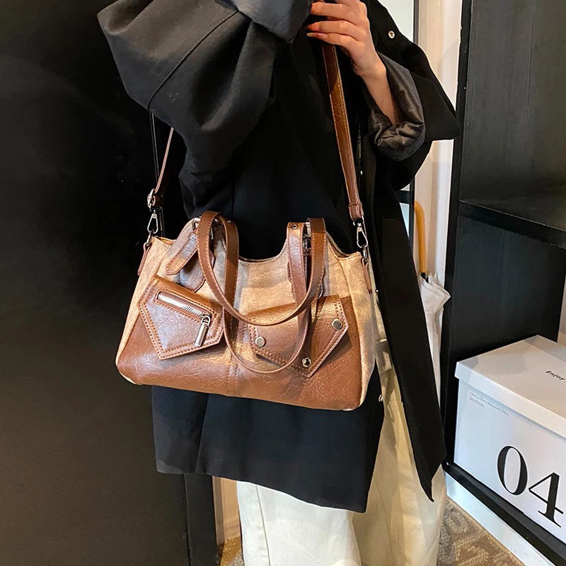 Retro Color-Block Satchel Shoulder Bag – European Style PU Leather Tote Handbag for Women