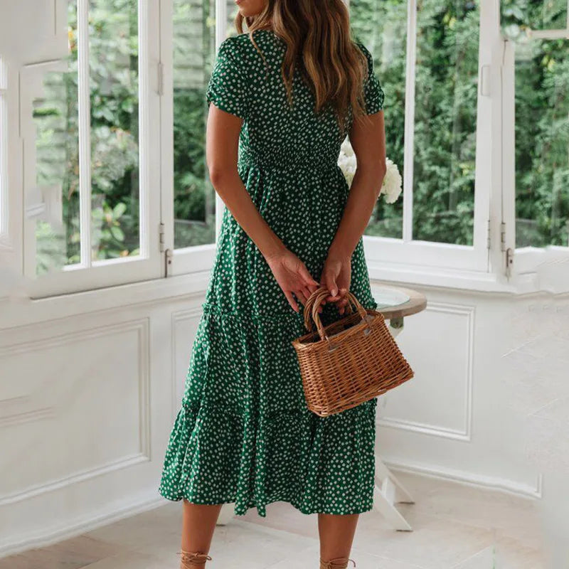 Women's Vintage Floral Puff Sleeve Maxi Beach Dress – Square Collar Casual Long Dress
