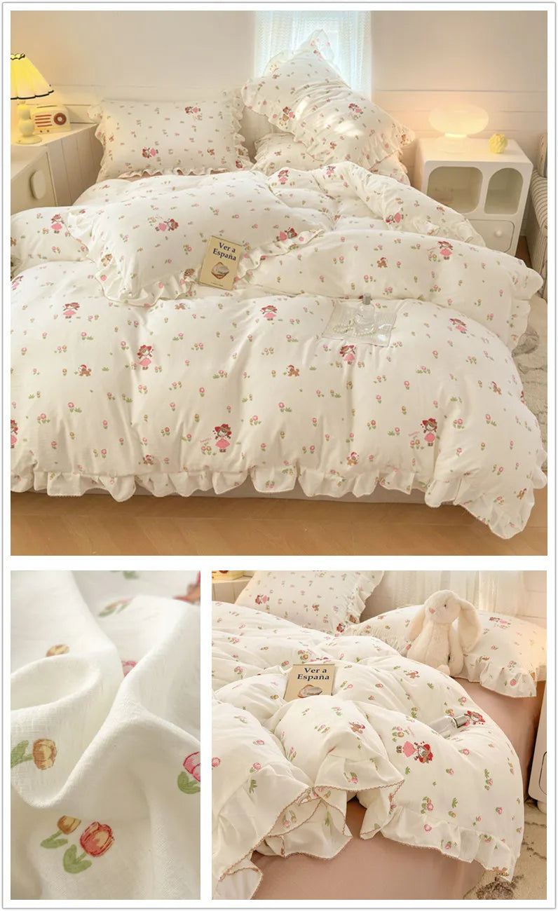 Lace Ruffle Duvet Cover – Printed Floral Comforter Cover for Adults & Kids, Single to King