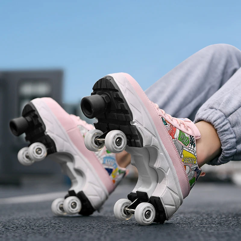 Fashionable 4-Wheel Roller Skate Shoes – Unisex Kids & Adult Outdoor Casual Wheeled Sneakers