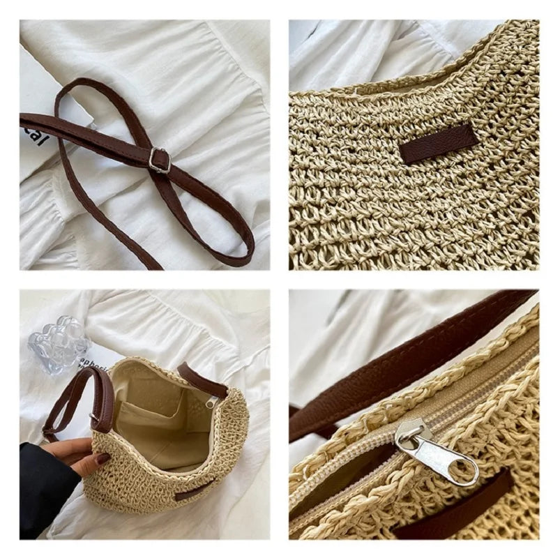 Woven Straw Crossbody Bag – Boho Beach Shoulder Bag for Women