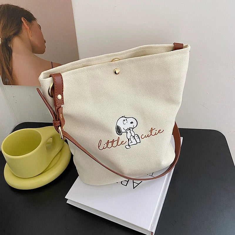 Snoopy Canvas Bucket Bag – Cute Letter Print Crossbody Shoulder Bag for Women