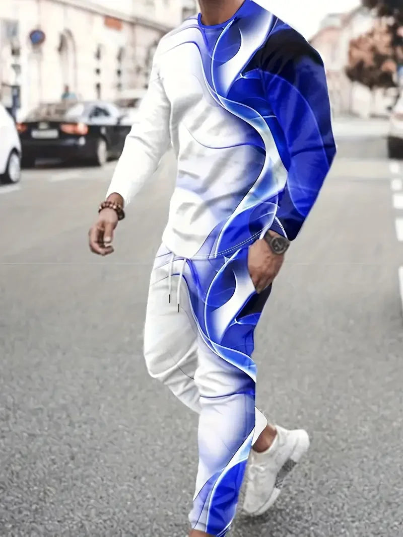 Men's 3D Print Long Sleeve T-Shirt & Jogger Pants Street Tracksuit