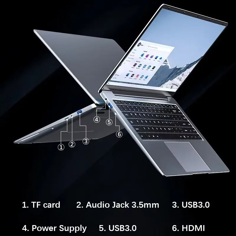14.1" Intel N3700 Slim Laptop – 16GB DDR4, Up to 2TB SSD, Dual Cameras, Wi-Fi 6, Windows 11