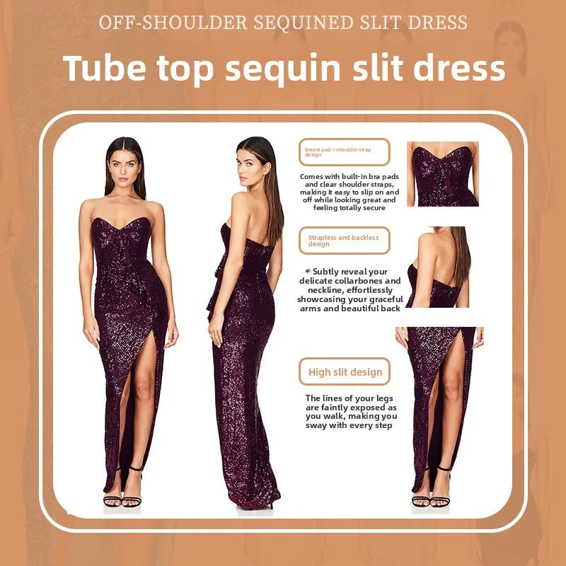 women's casual dresses for woman clothes Strapless sequined slit elegant party dresses evening summer birthday prom dress hwy739