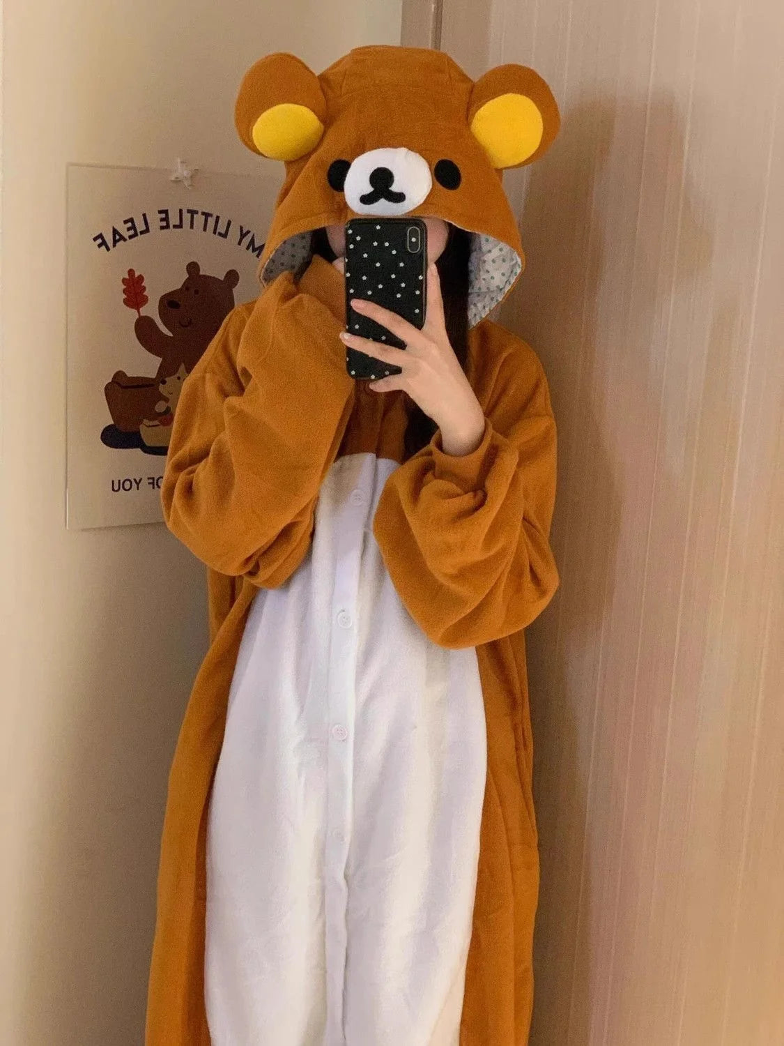 Women's Rilakkuma Bear Hooded Onesie Pajamas | Warm Cartoon Fleece Jumpsuit