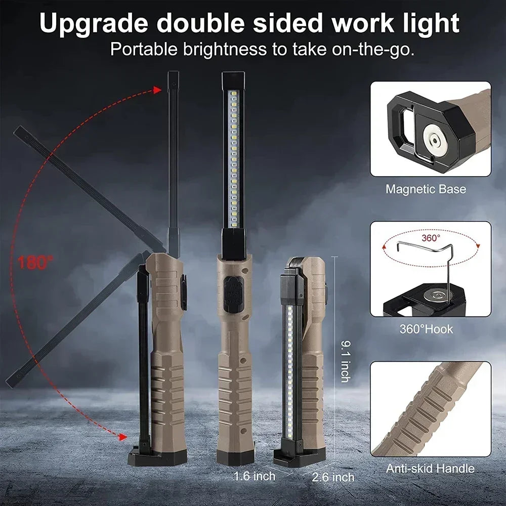 Folding COB+XPE LED Work Light – USB Rechargeable, 180° Foldable, Magnetic Base, Hook, Red SOS, Car Repair