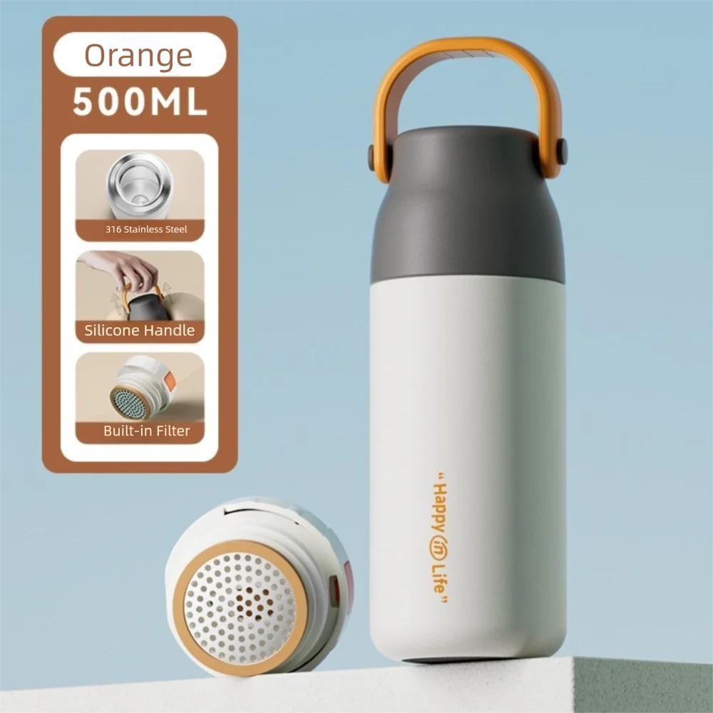 500ml Handheld Vacuum Thermos Bottle – 316 SS Interior, 360° Leakproof, CIQ Certified, Light Green/White/Orange