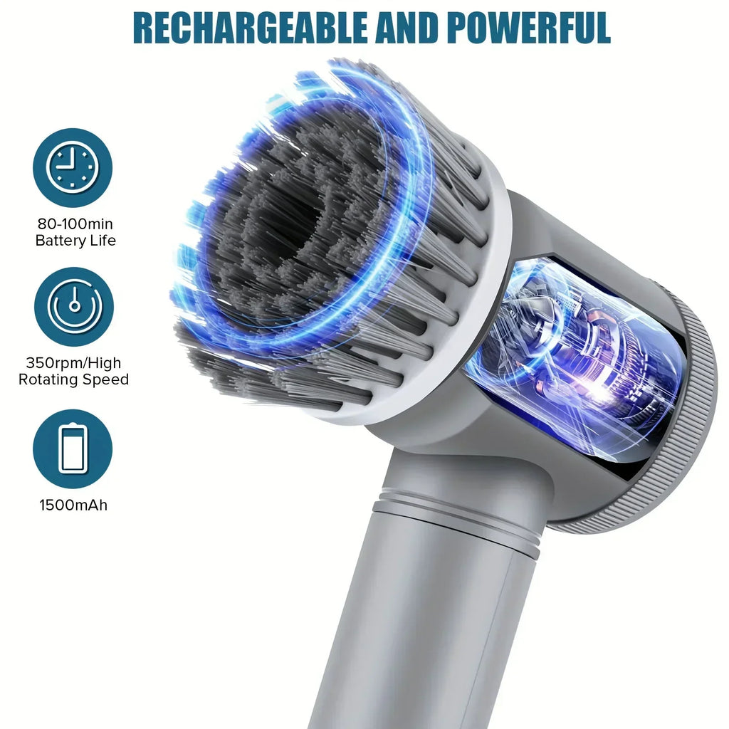 Electric Spin Scrubber – 5 Replaceable Brush Heads, 1500mAh Rechargeable, 450 RPM Cordless Cleaning Brush