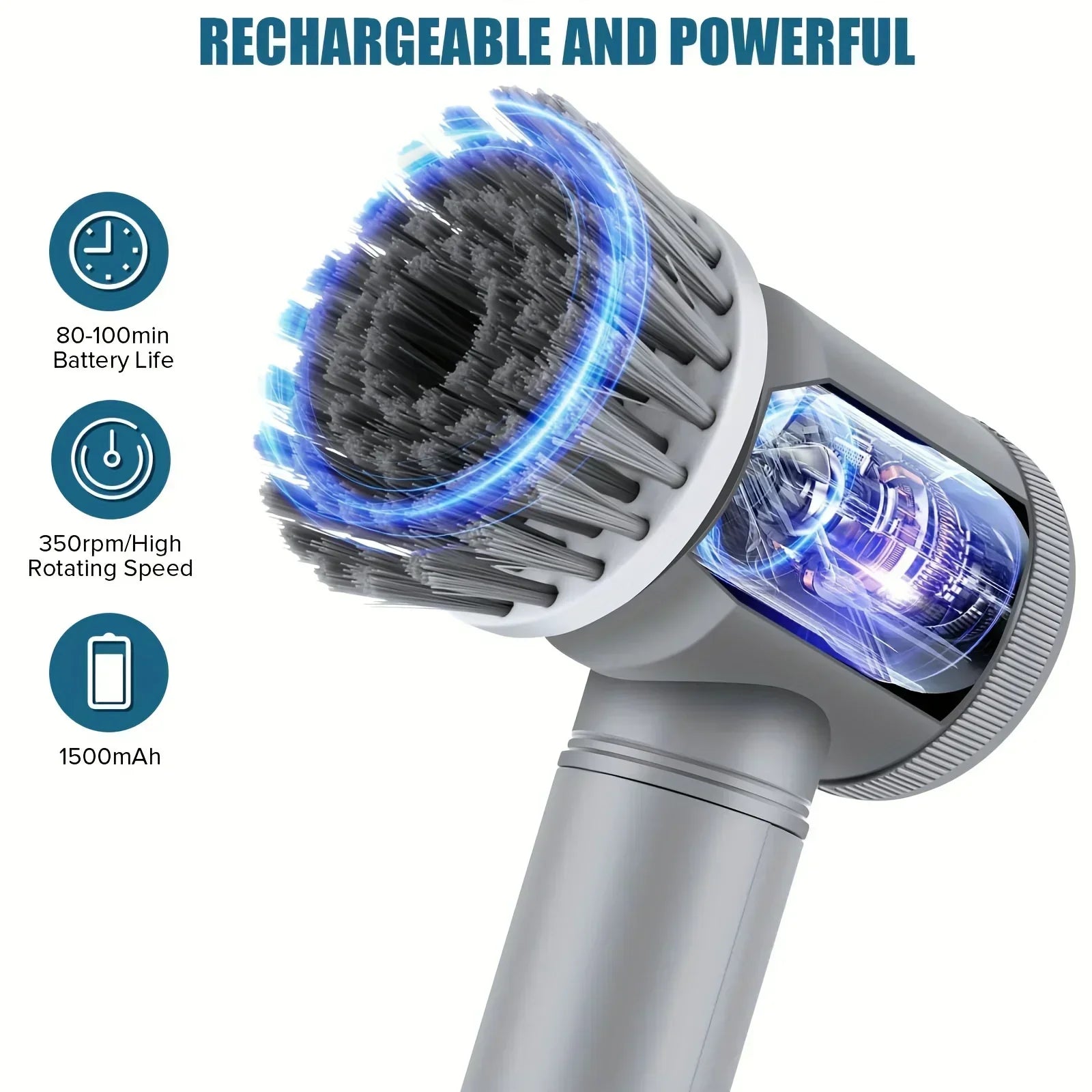 Electric Spin Scrubber – 5 Replaceable Brush Heads, 1500mAh Rechargeable, 450 RPM Cordless Cleaning Brush