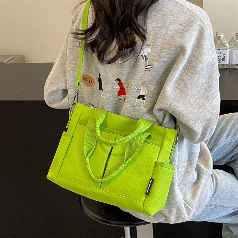 Multi-Pocket Canvas Tote Shoulder Bag – Large Capacity Commuter Shopping Handbag for Women