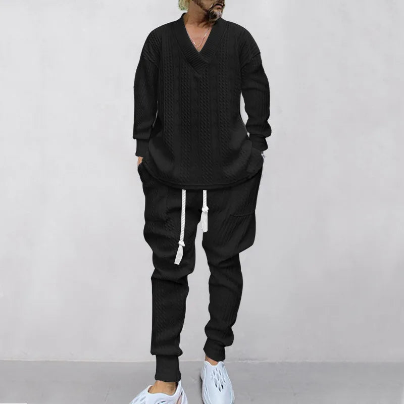 Men's Jacquard Knit Sweater & Casual Trousers Two-Piece Set