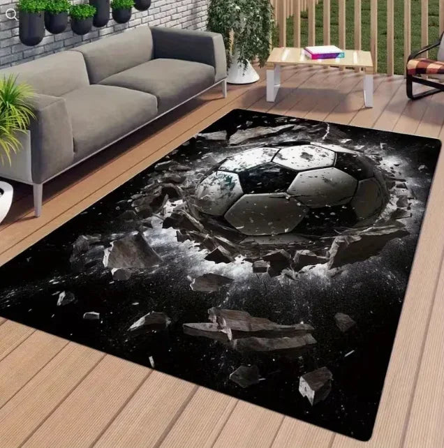 Football Print Area Rug – Black & White Sports Carpet for Bedroom, Living Room & Yoga