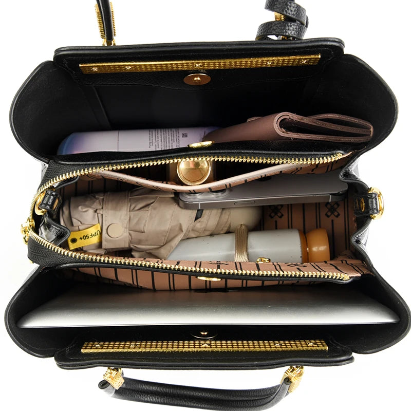 Luxury Genuine Leather 3-Layer Tote Bag – Large Capacity Crossbody Shoulder Bag for Women