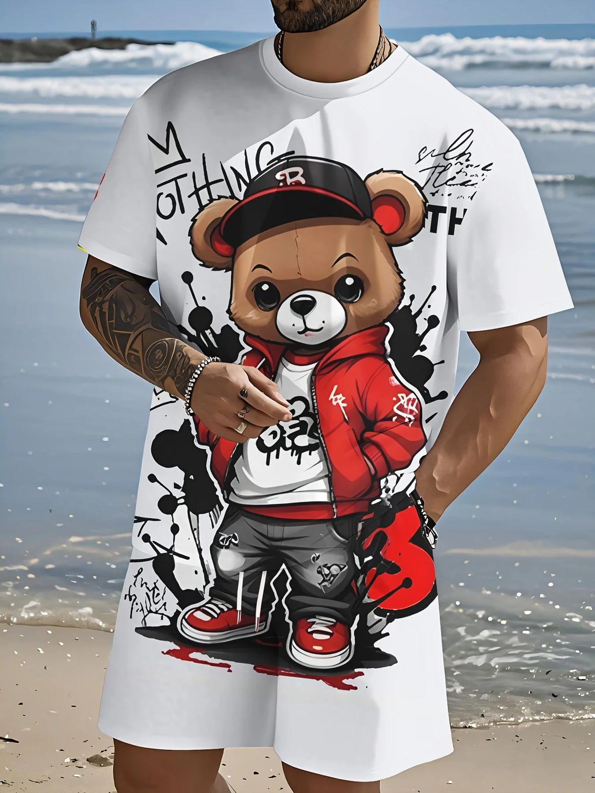 Men's Teddy Bear Print T-Shirt & Shorts Set – Soft Breathable Summer Co-Ord