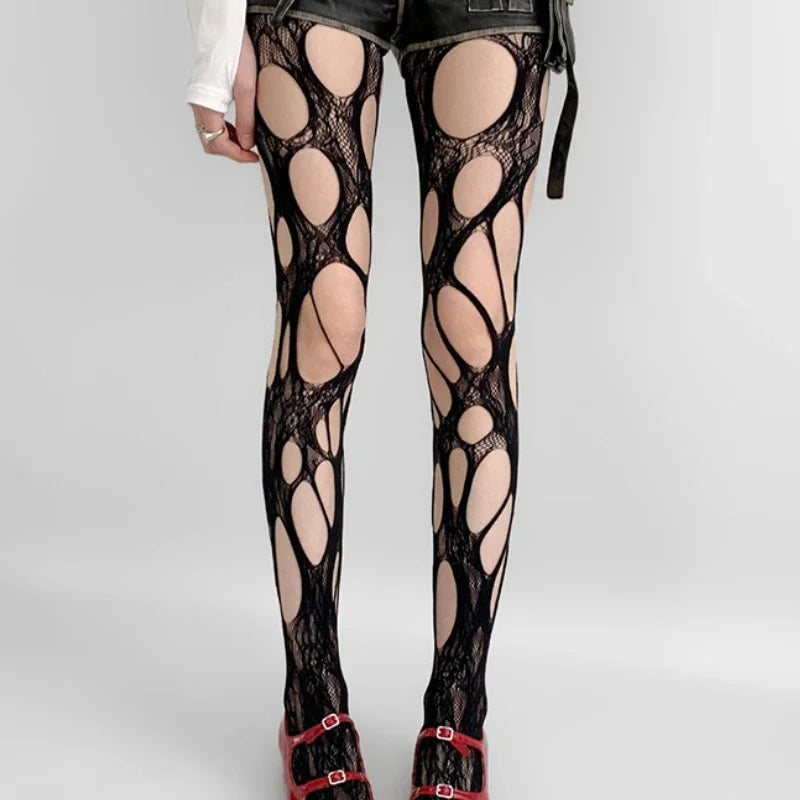 Gothic Fishnet Pantyhose – Ripped Lace Silk Stockings Y2K Punk Hollowed-Out Retro Tights