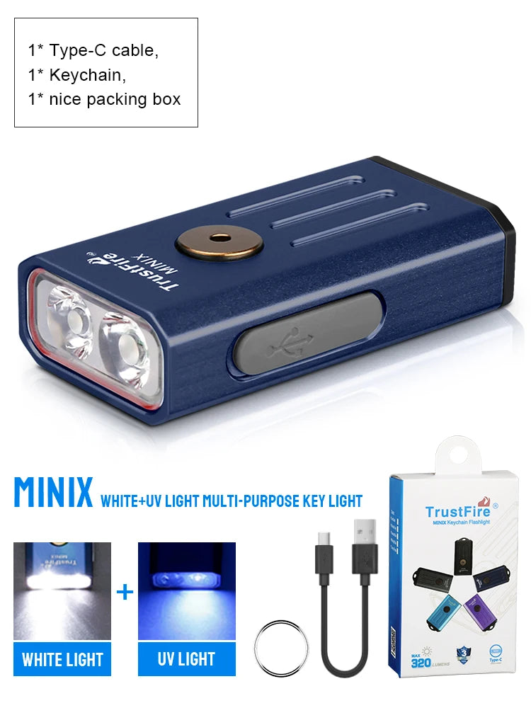TrustFire MINIX – 320 Lumen Dual-Source Keychain EDC Flashlight, White + UV/Red, Type-C, IP66, Memory Mode