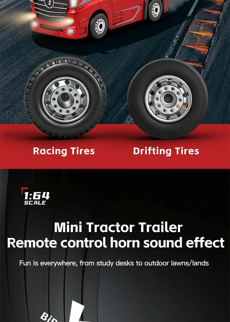 1:64 Mini Alloy RC Container Truck with Trailer – 4WD Drift Remote Control Tractor for Kids