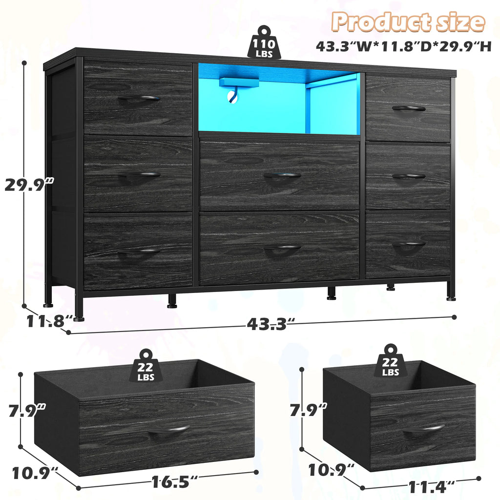 8-Drawer Media Dresser with LED Lighting & Built-In Charging Station — Fabric Storage Cabinet for 55" TVs