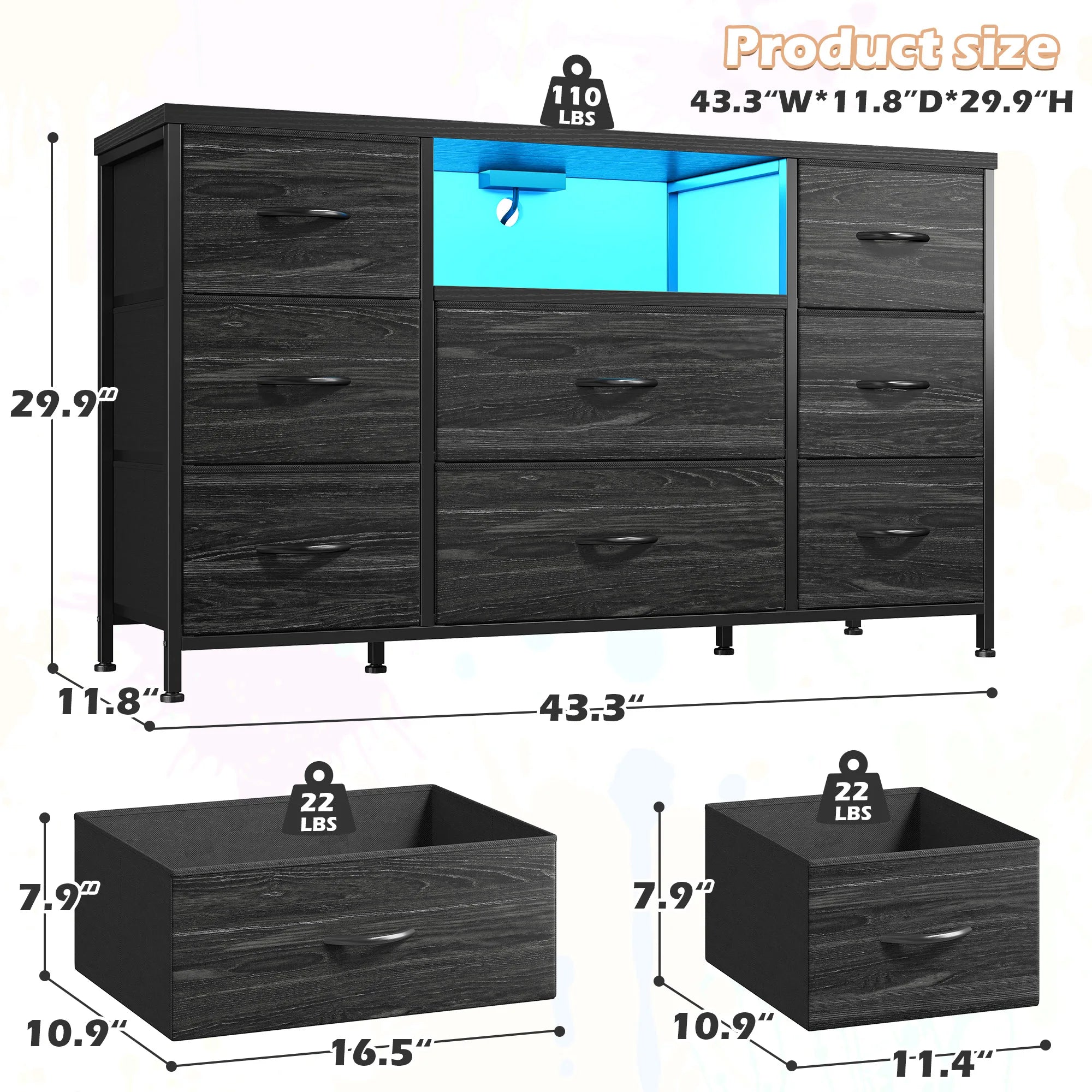 8-Drawer Media Dresser with LED Lighting & Built-In Charging Station — Fabric Storage Cabinet for 55" TVs