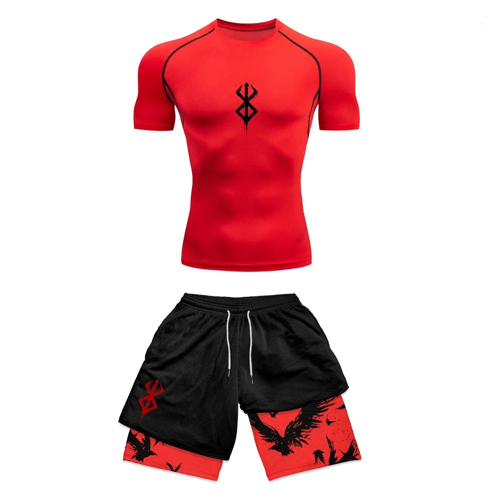 Men's Anime 3D Print Compression Gym Top & Workout Shorts – Quick Dry Athletic Rash Guard Set