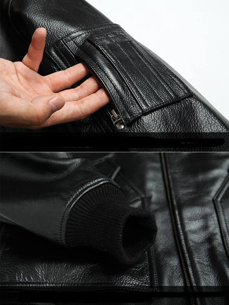 Men's Black Glossy Genuine Cowhide MA-1 Flight Jacket — Military Bomber with Point Collar