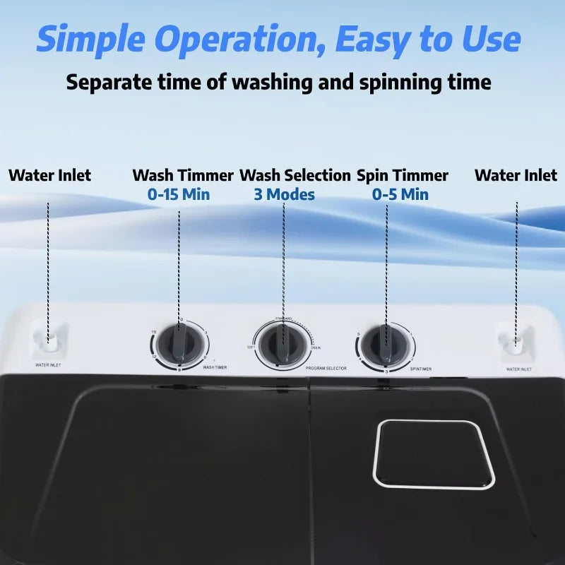 Portable Washing Machine — 2-in-1 Twin Tub Washer & Spinner Combo, 30 lbs Capacity (19 lbs Washer + 11 lbs Spinner), Compact Laundry