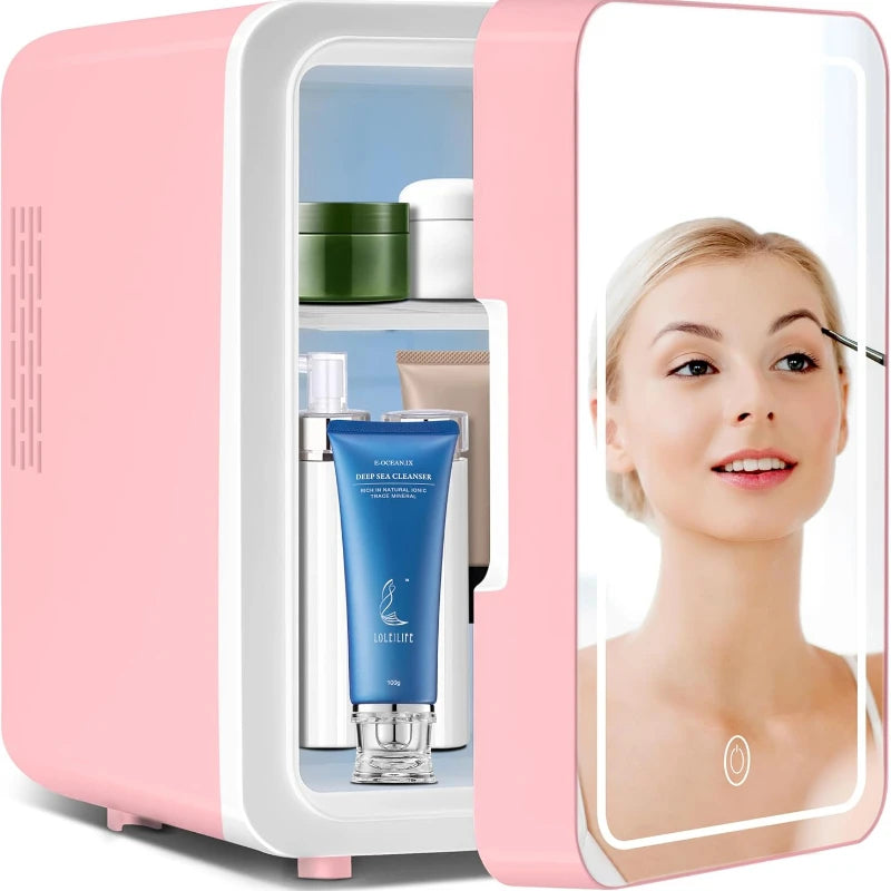 Skincare Fridge with Dimmable LED Light Mirror — 4L Makeup Mini Fridge for Bedroom & Car